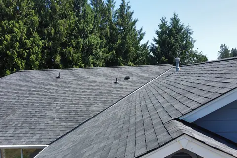 A ridge vent installed in the completed Malarkey Vista roof at Driftwood Point