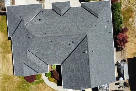 A completed Malarkey Vista roof at Driftwood Point photographed straight down